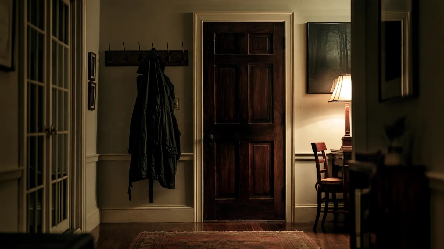A front door in a dim, lamp-lit entryway